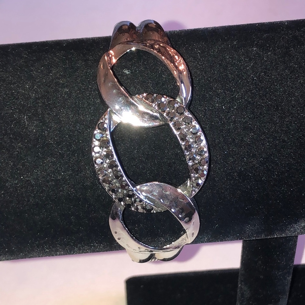 Silver Tone Dark Crystal Link Bangle Bracelet